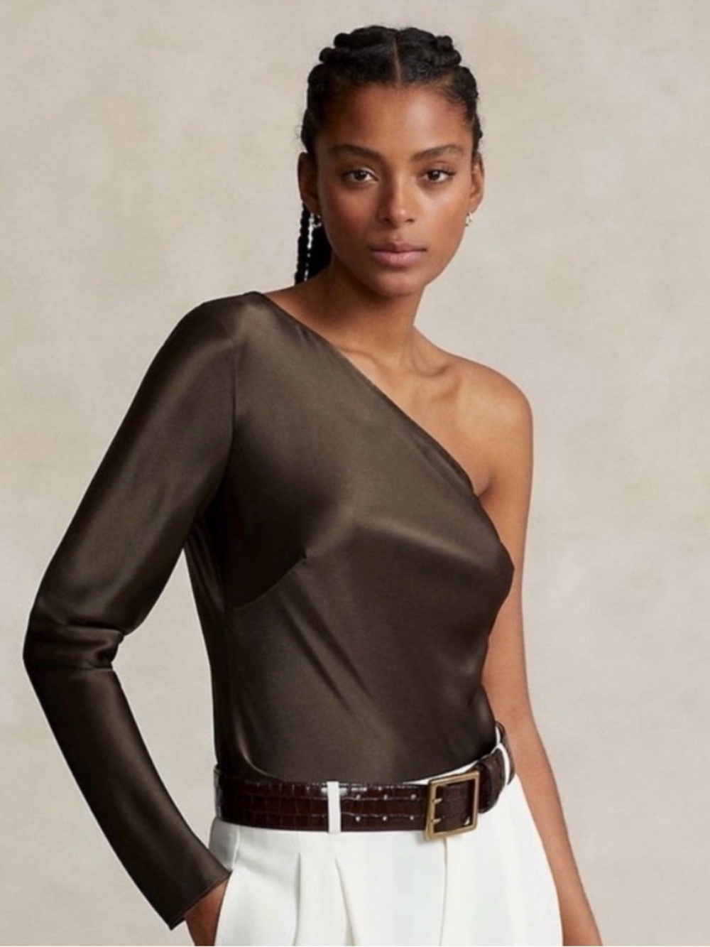 Polo Ralph Lauren Satin One-Shoulder Top Dress Shirt Blouse 2 Brown Asymmetrical